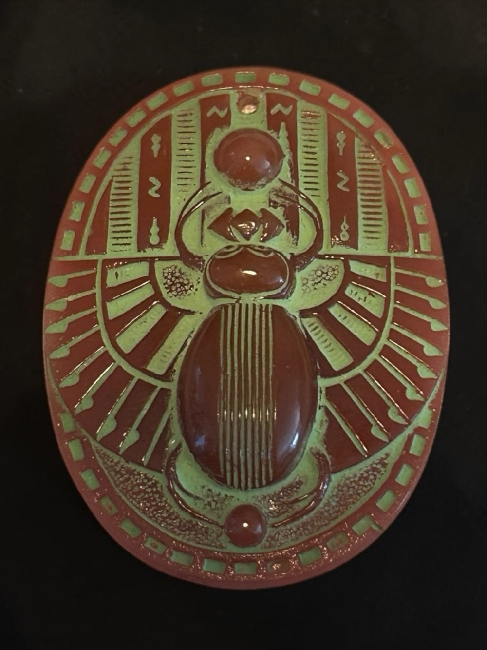 Art Deco Egyptian Revival Glass Scarab Pendant Brown Green Molded Glass Jewelry
